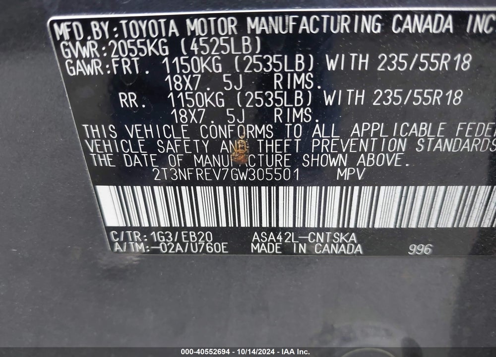 2016 TOYOTA RAV4 SE VIN: 2T3NFREV7GW305501