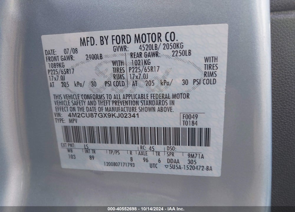 2009 MERCURY MARINER PREMIER V6 VIN: 4M2CU87GX9KJ02341