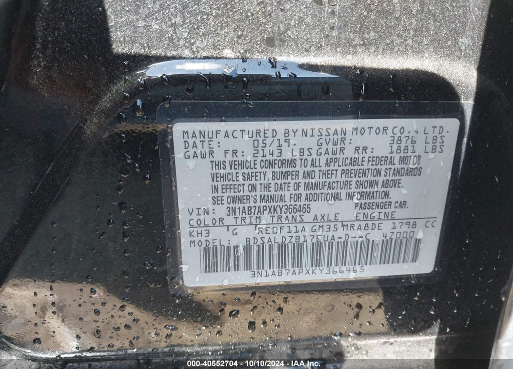 2019 NISSAN SENTRA VIN: 3N1AB7APXKY366465