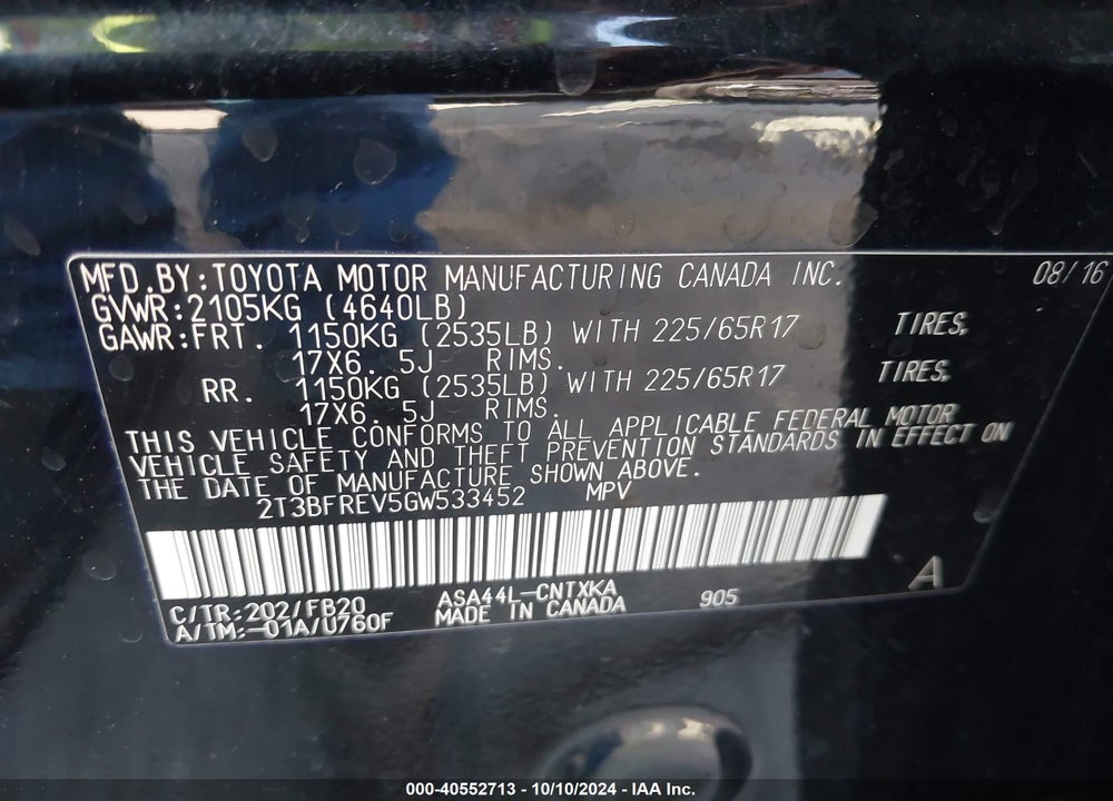 2016 TOYOTA RAV4 LE VIN: 2T3BFREV5GW533452