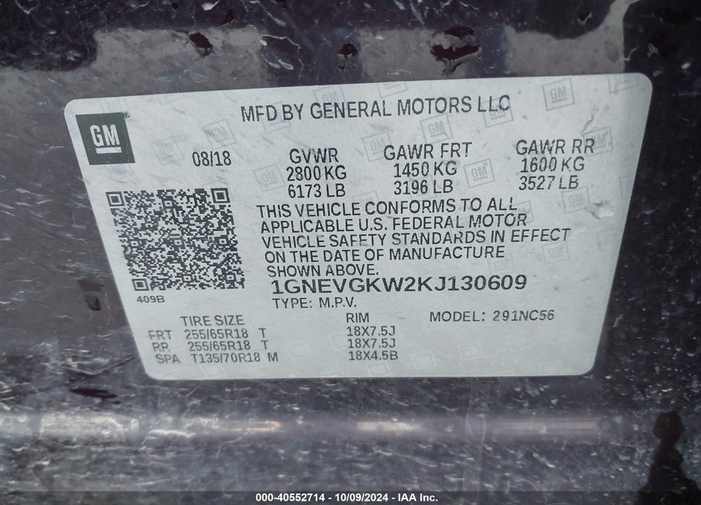 2019 CHEVROLET TRAVERSE 1LT VIN: 1GNEVGKW2KJ130609