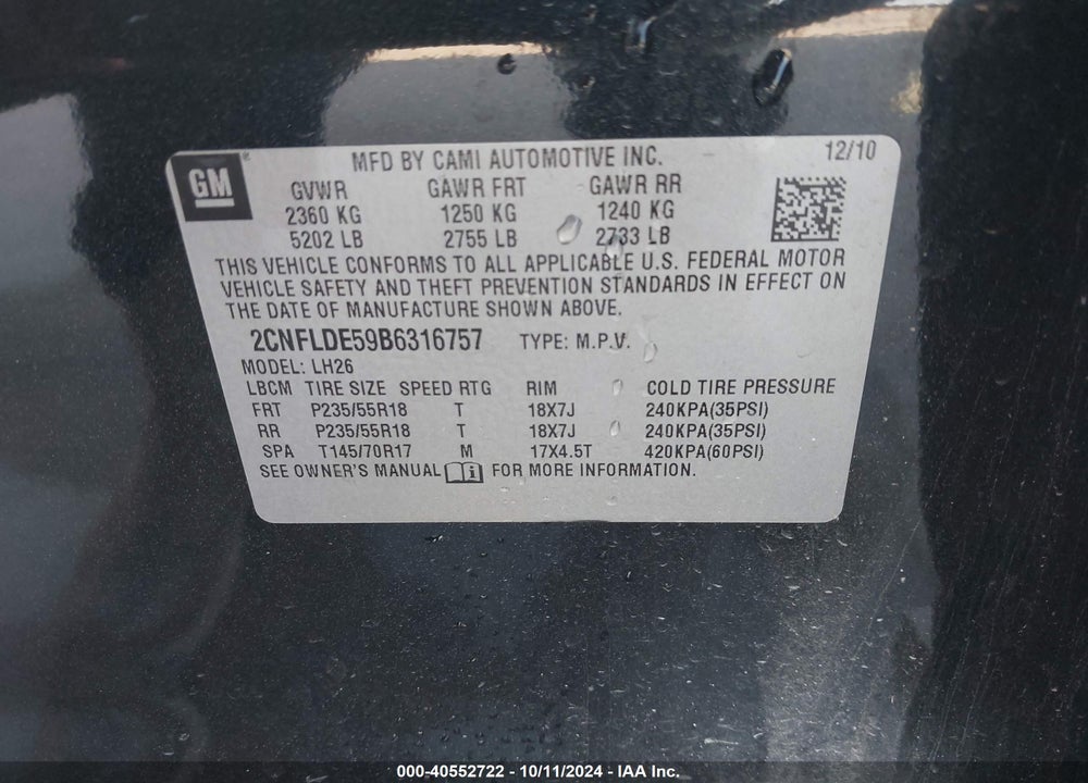 2011 CHEVROLET EQUINOX 1LT VIN: 2CNFLDE59B6316757