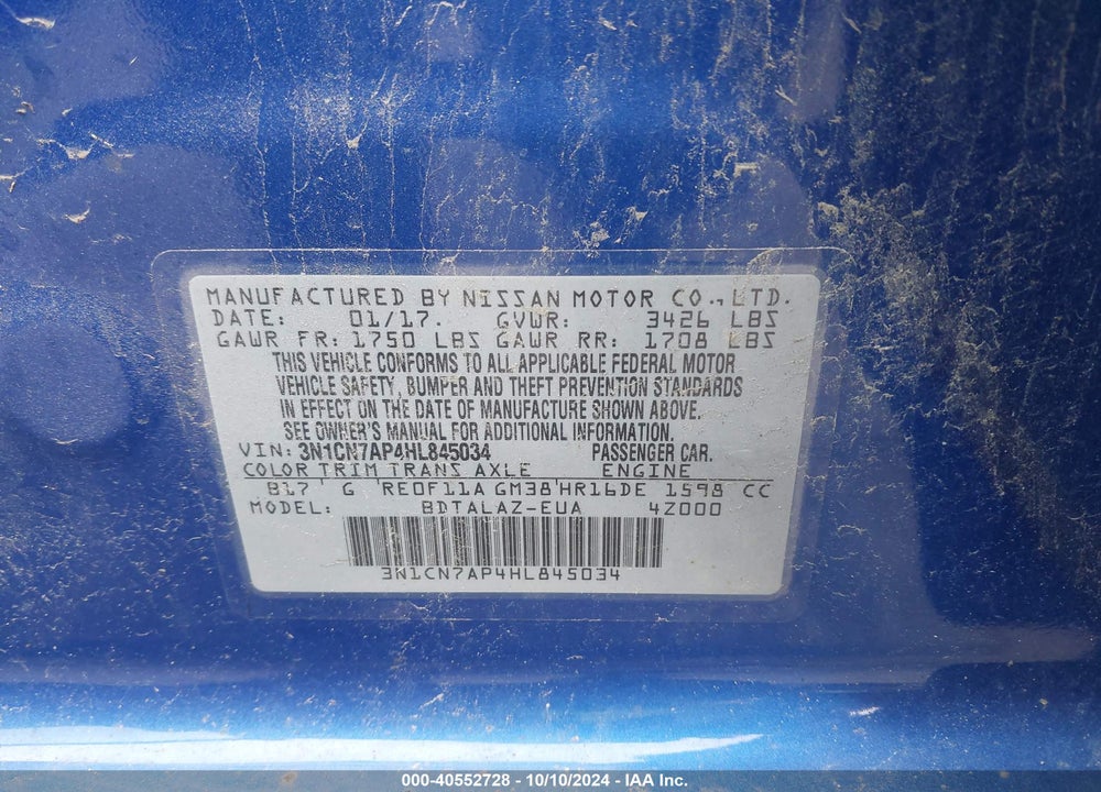 2017 NISSAN VERSA 1.6 S+ VIN: 3N1CN7AP4HL845034