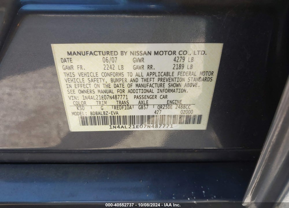2007 NISSAN ALTIMA 2.5 S VIN: 1N4AL21E07N487771