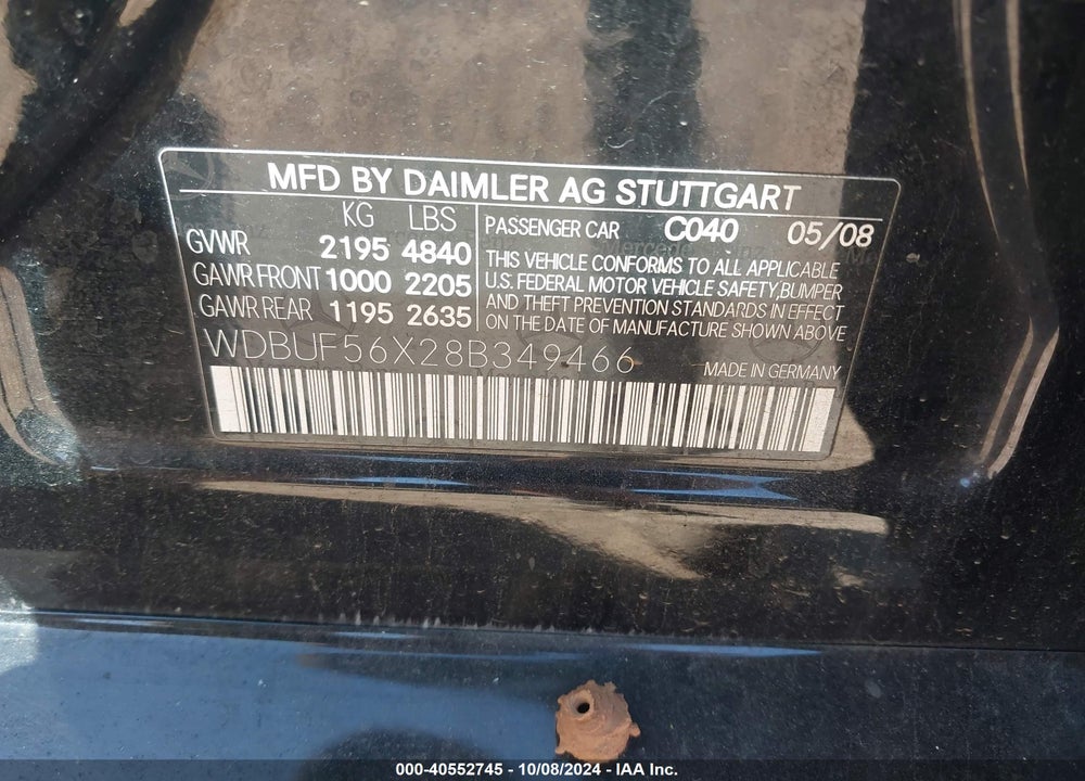 2008 MERCEDES-BENZ E 350 VIN: WDBUF56X28B349466