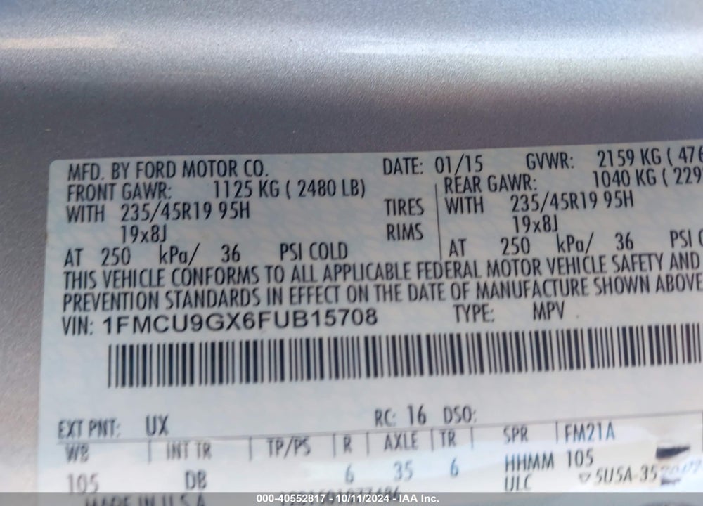 2015 FORD ESCAPE SE VIN: 1FMCU9GX6FUB15708