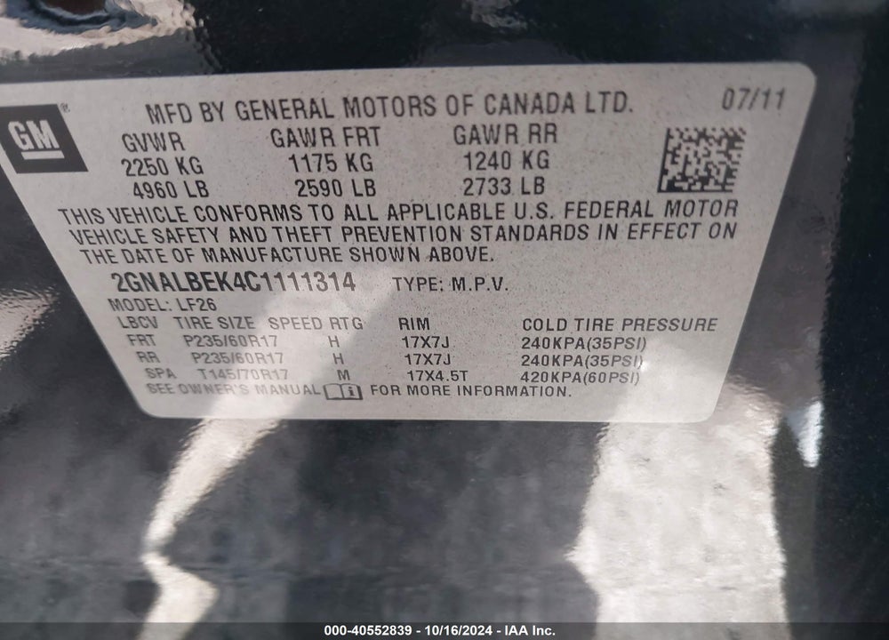 2012 CHEVROLET EQUINOX LS VIN: 2GNALBEK4C1111314