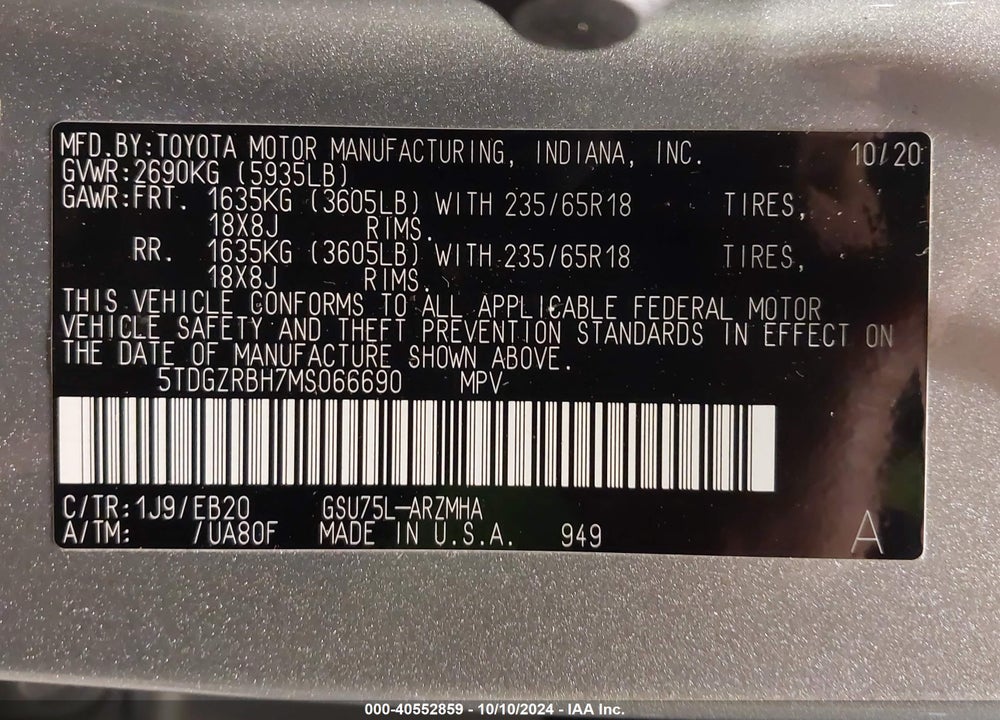 2021 TOYOTA HIGHLANDER XLE VIN: 5TDGZRBH7MS066690