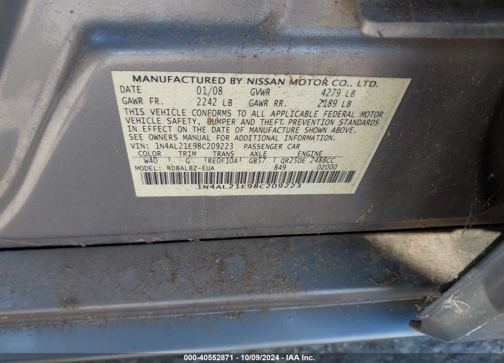 2008 NISSAN ALTIMA 2.5 S VIN: 1N4AL21E98C209223