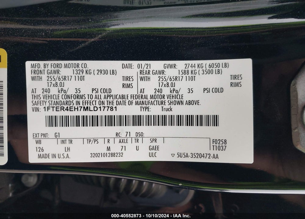 2021 FORD RANGER XLT VIN: 1FTER4EH7MLD17781