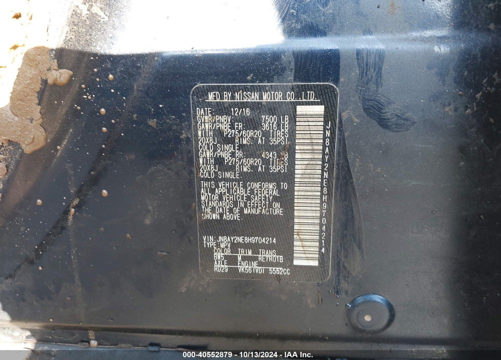2017 NISSAN ARMADA PLATINUM VIN: JN8AY2NE8H9704214
