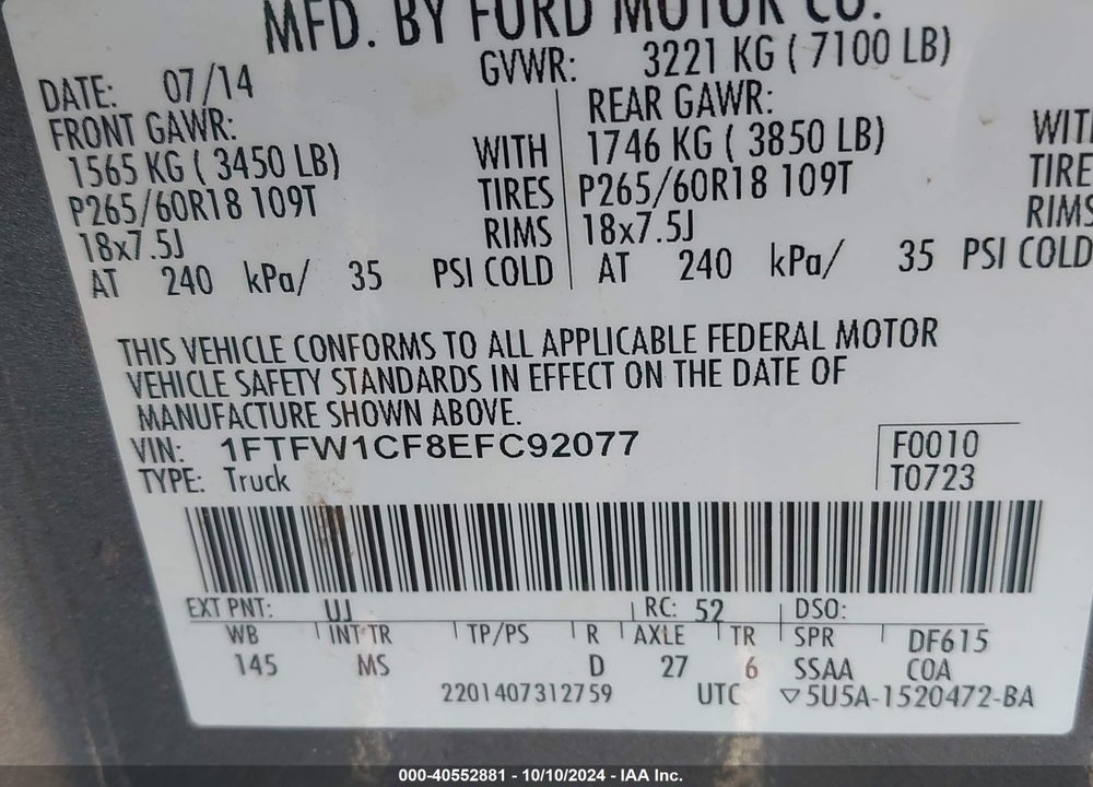 2014 FORD F-150 XLT VIN: 1FTFW1CF8EFC92077