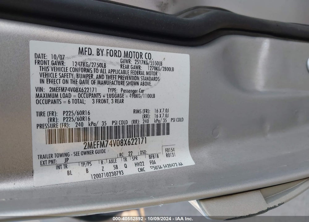 2008 MERCURY GRAND MARQUIS GS VIN: 2MEFM74V08X622171