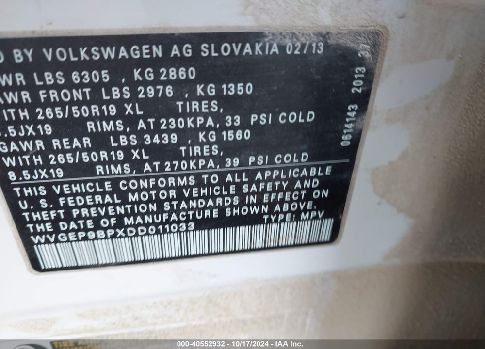 2013 VOLKSWAGEN TOUAREG TDI LUX VIN: WVGEP9BPXDD011033