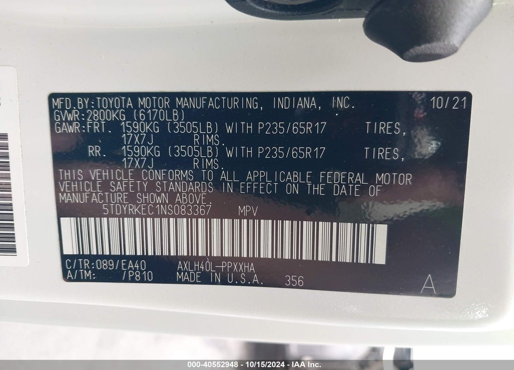 2022 TOYOTA SIENNA XLE VIN: 5TDYRKEC1NS083367