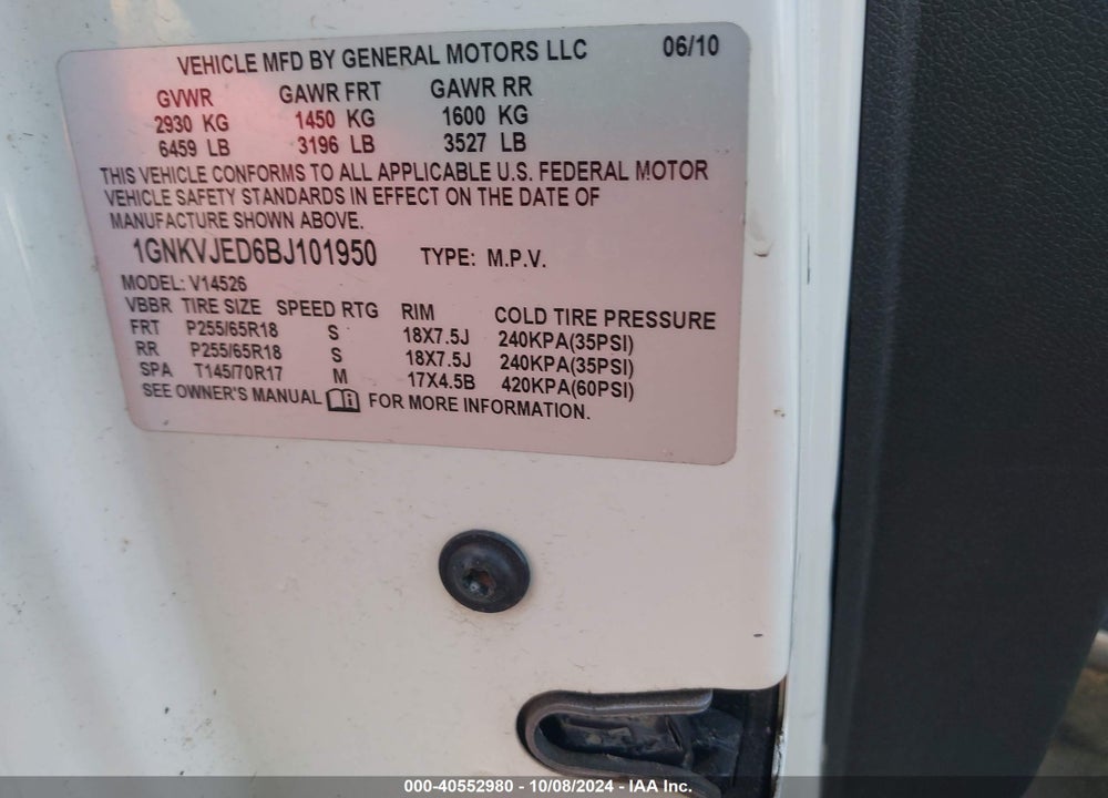 2011 CHEVROLET TRAVERSE 2LT VIN: 1GNKVJED6BJ101950