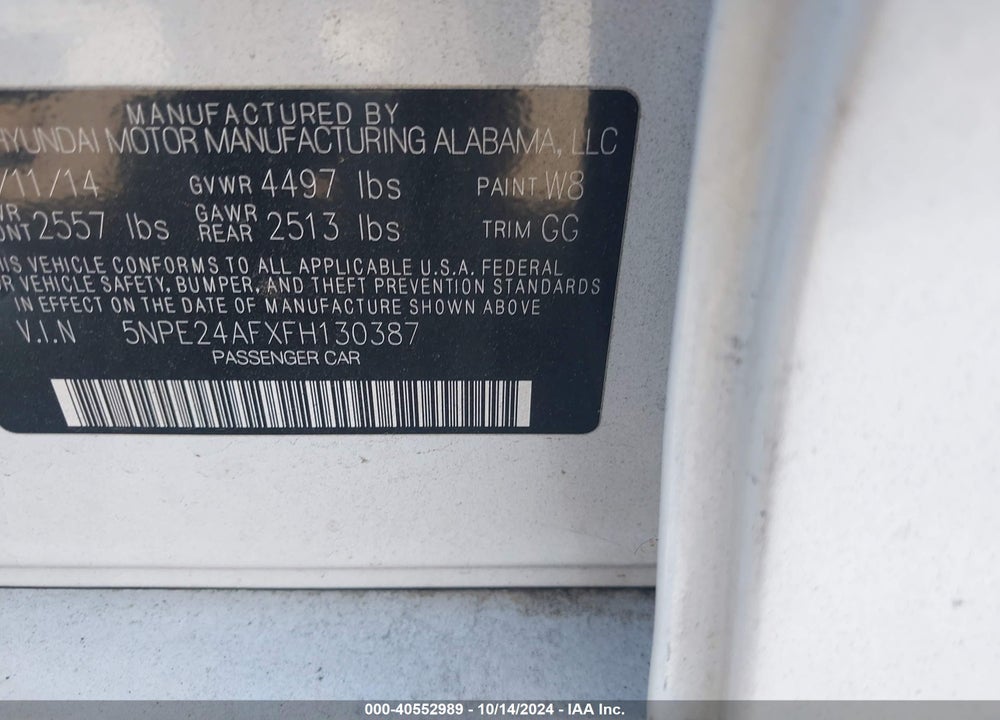 2015 HYUNDAI SONATA SE VIN: 5NPE24AFXFH130387
