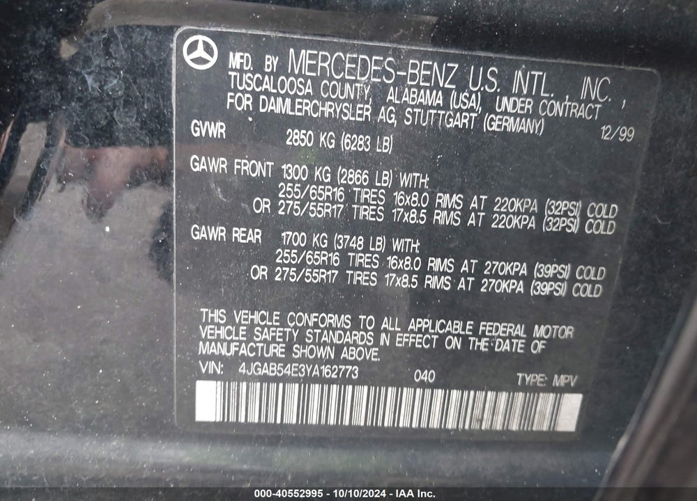 2000 MERCEDES-BENZ ML 320 VIN: 4JGAB54E3YA162773