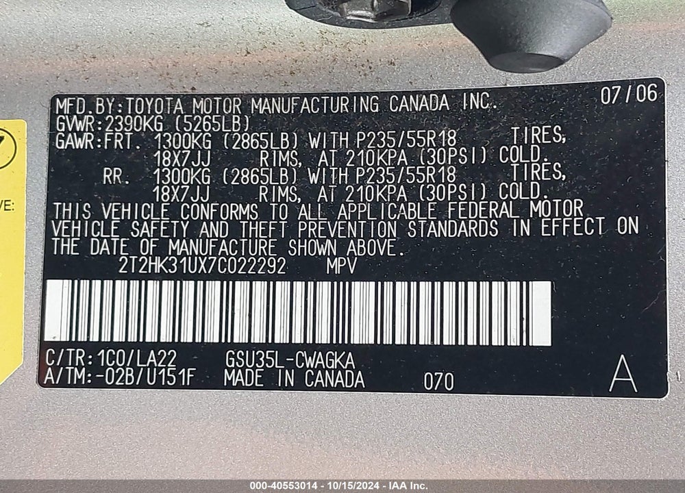 2007 LEXUS RX 350 VIN: 2T2HK31UX7C022292