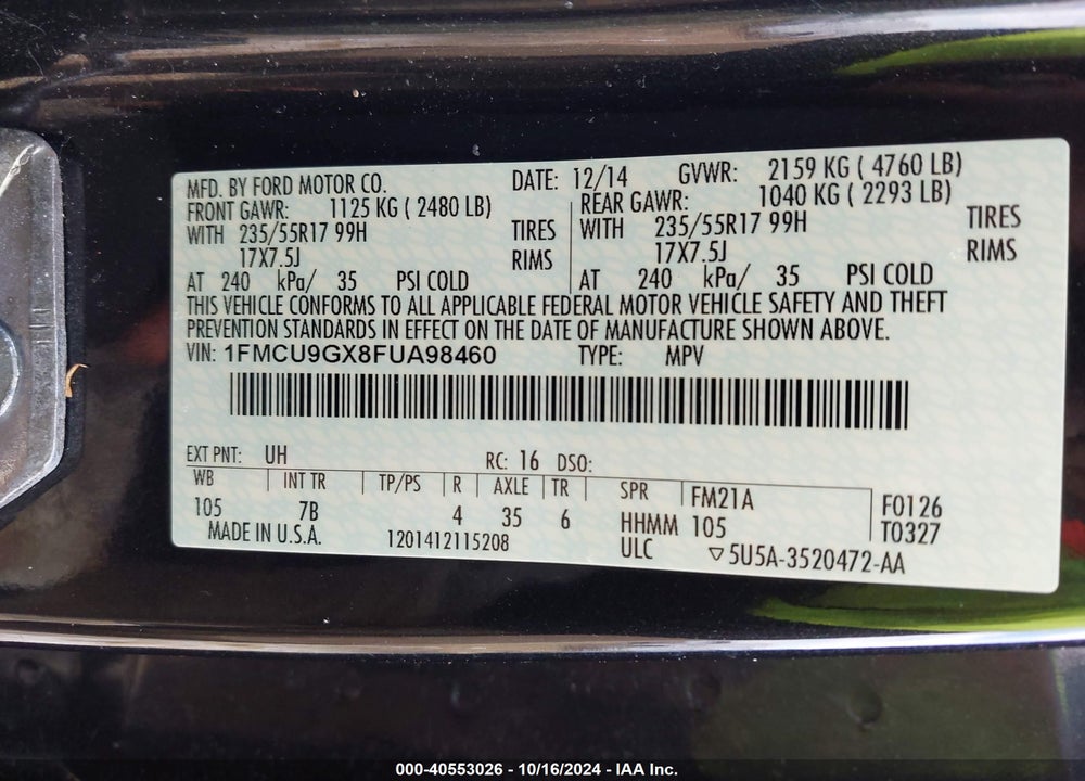 2015 FORD ESCAPE SE VIN: 1FMCU9GX8FUA98460