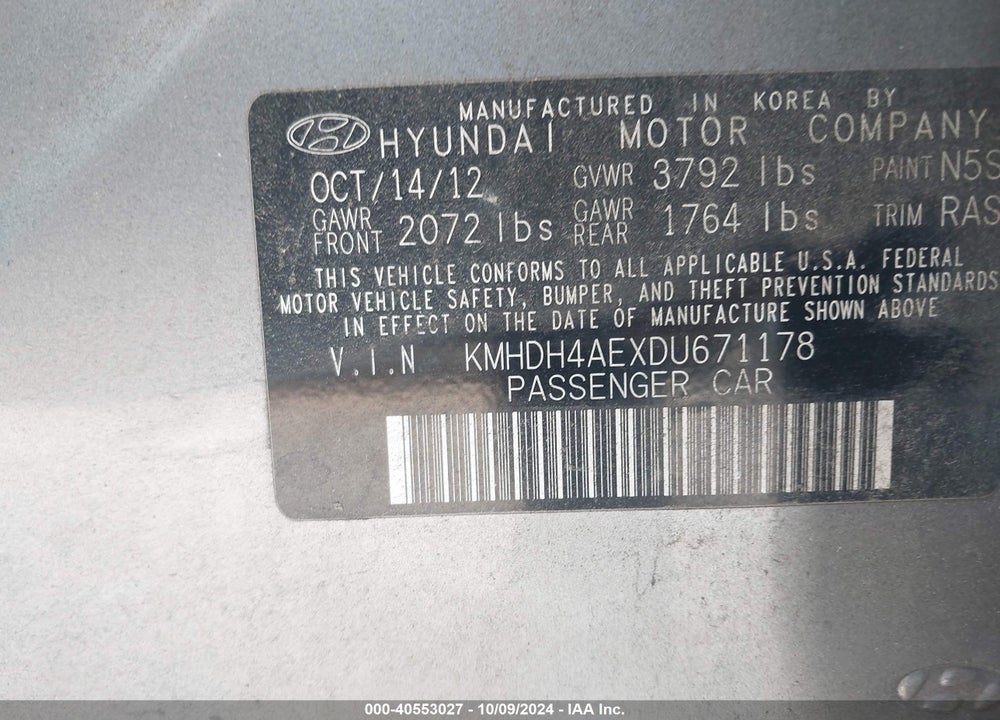 2013 HYUNDAI ELANTRA GLS VIN: KMHDH4AEXDU671178