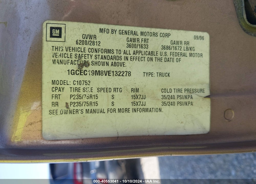 1997 CHEVROLET C1500 FLEETSIDE VIN: 1GCEC19M8VE132278
