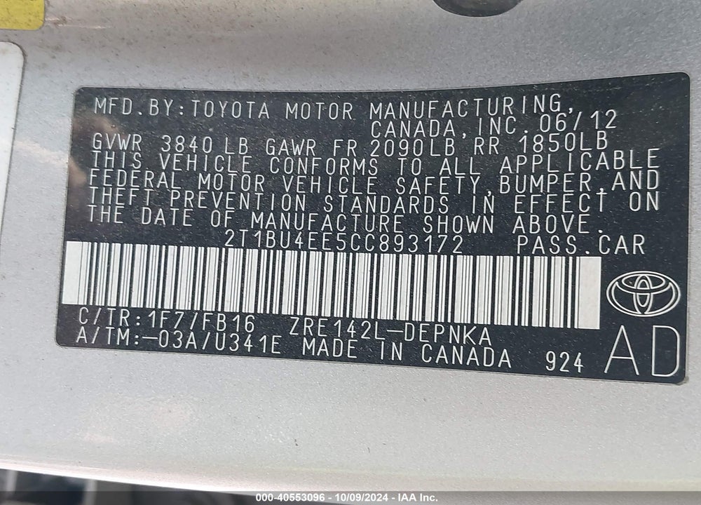 2012 TOYOTA COROLLA VIN: 2T1BU4EE5CC893172