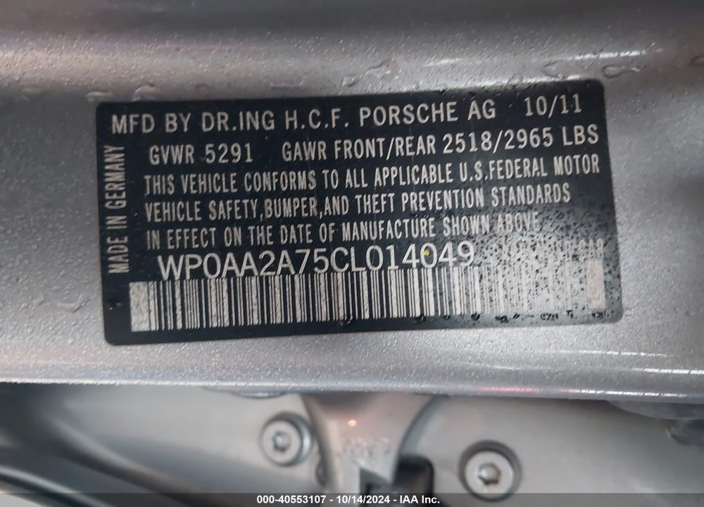 2012 PORSCHE PANAMERA 4 VIN: WP0AA2A75CL014049