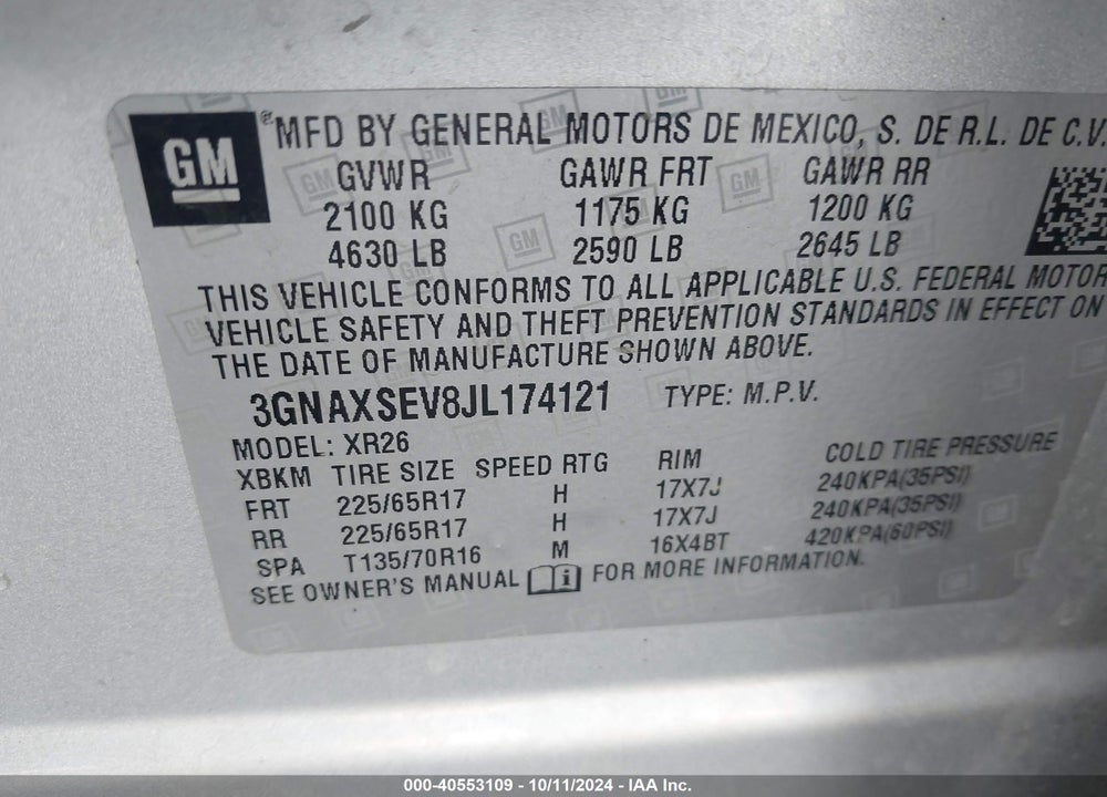 2018 CHEVROLET EQUINOX LT VIN: 3GNAXSEV8JL174121
