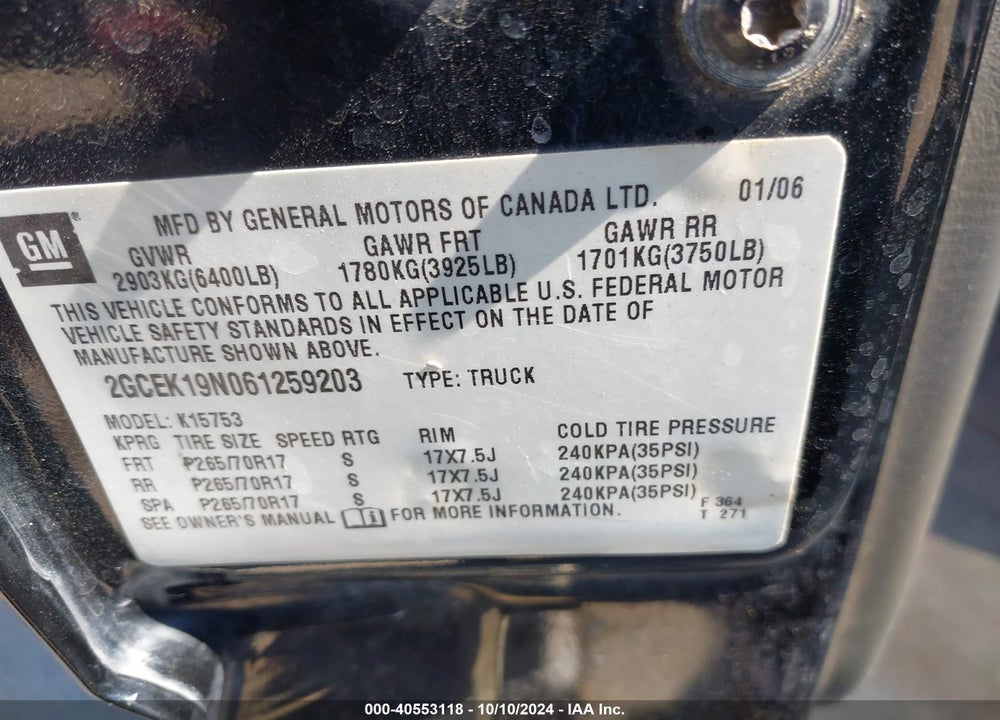 2006 CHEVROLET SILVERADO 1500 LT1 VIN: 2GCEK19N061259203