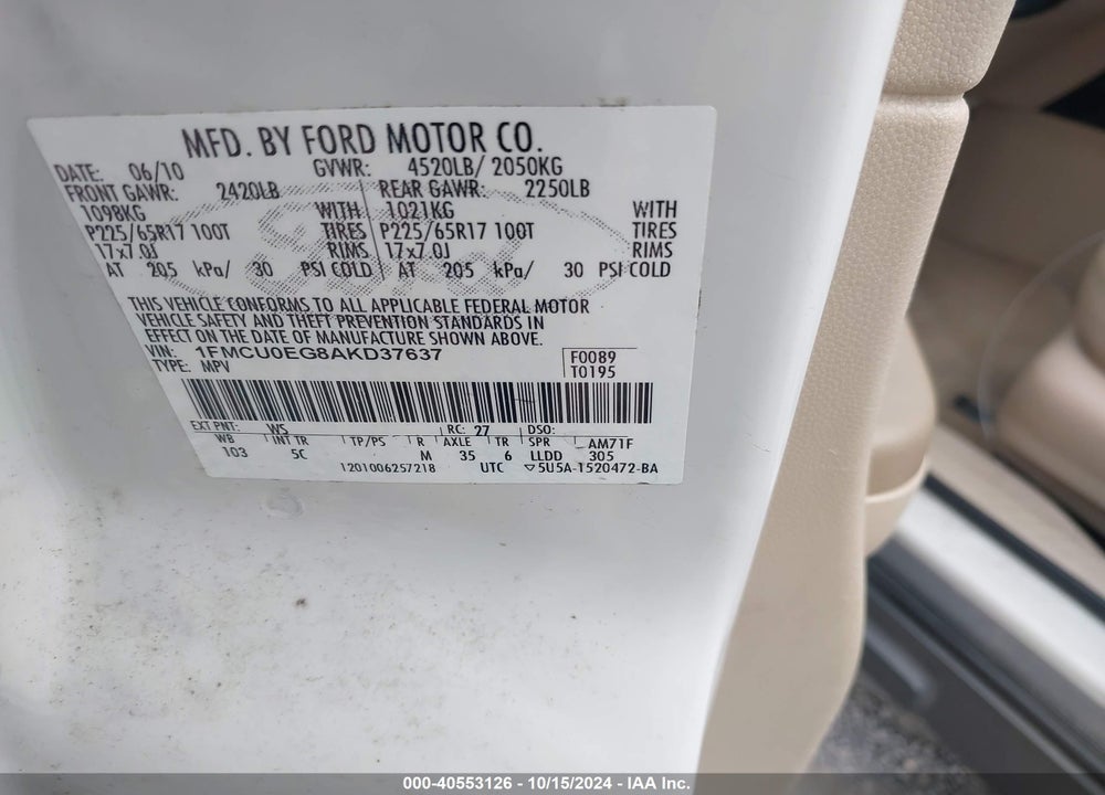 2010 FORD ESCAPE LIMITED VIN: 1FMCU0EG8AKD37637