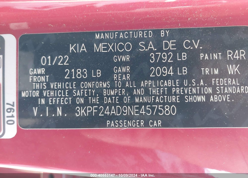 2022 KIA FORTE LXS VIN: 3KPF24AD9NE457580