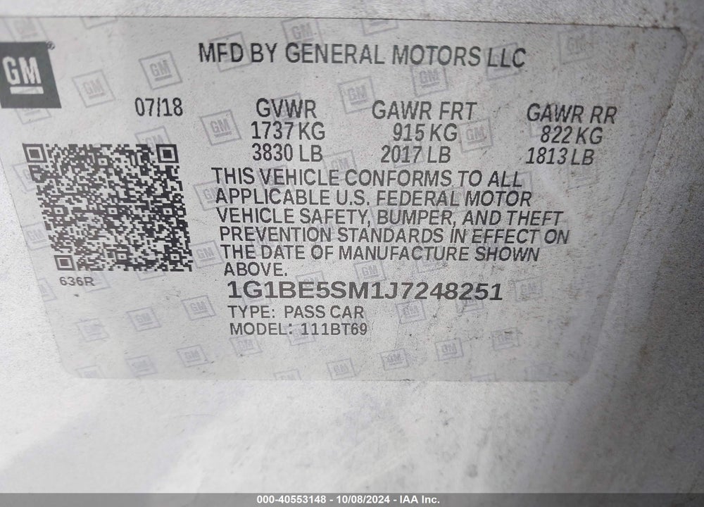2018 CHEVROLET CRUZE VIN: 1G1BE5SM1J7248251
