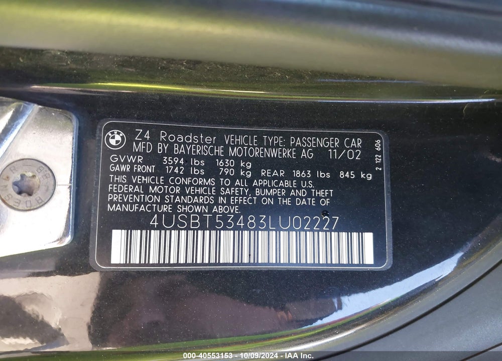 2003 BMW Z4 3.0I VIN: 4USBT53483LU02227