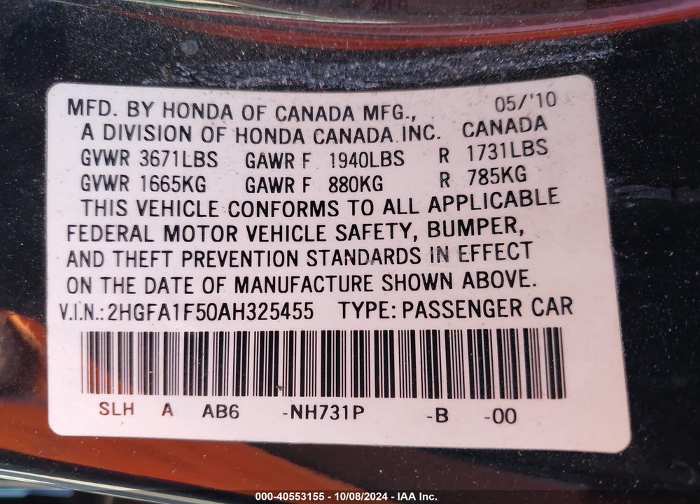 2010 HONDA CIVIC LX VIN: 2HGFA1F50AH325455