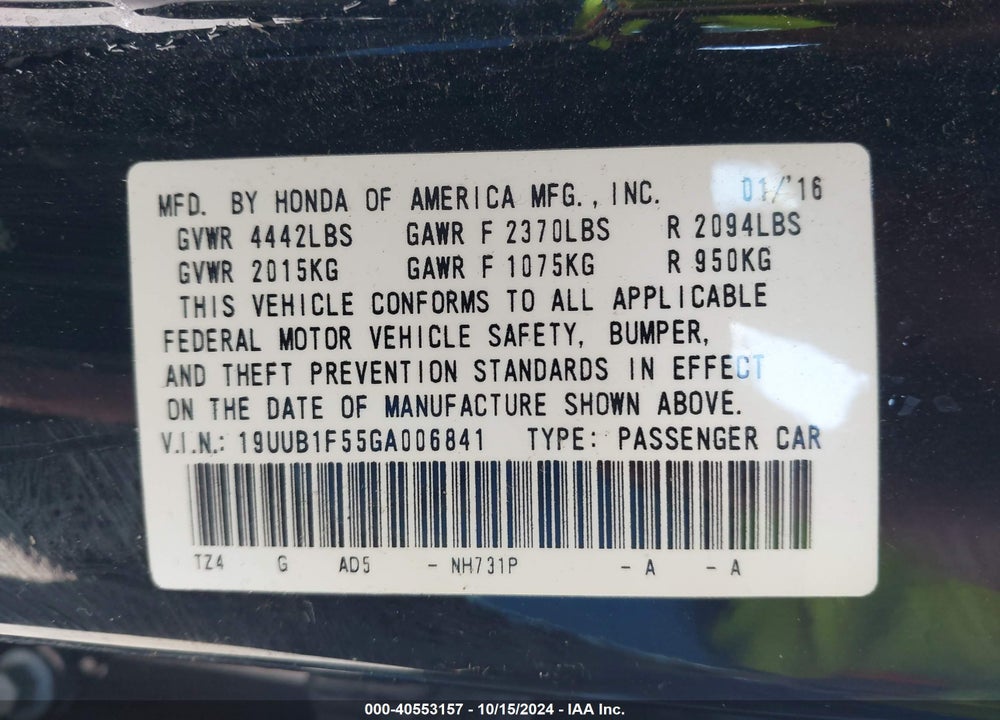 2016 ACURA TLX TECH VIN: 19UUB1F55GA006841