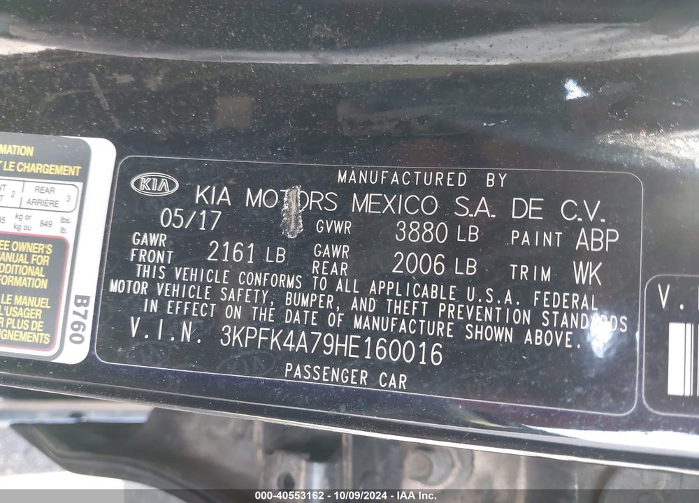 2017 KIA FORTE LX VIN: 3KPFK4A79HE160016