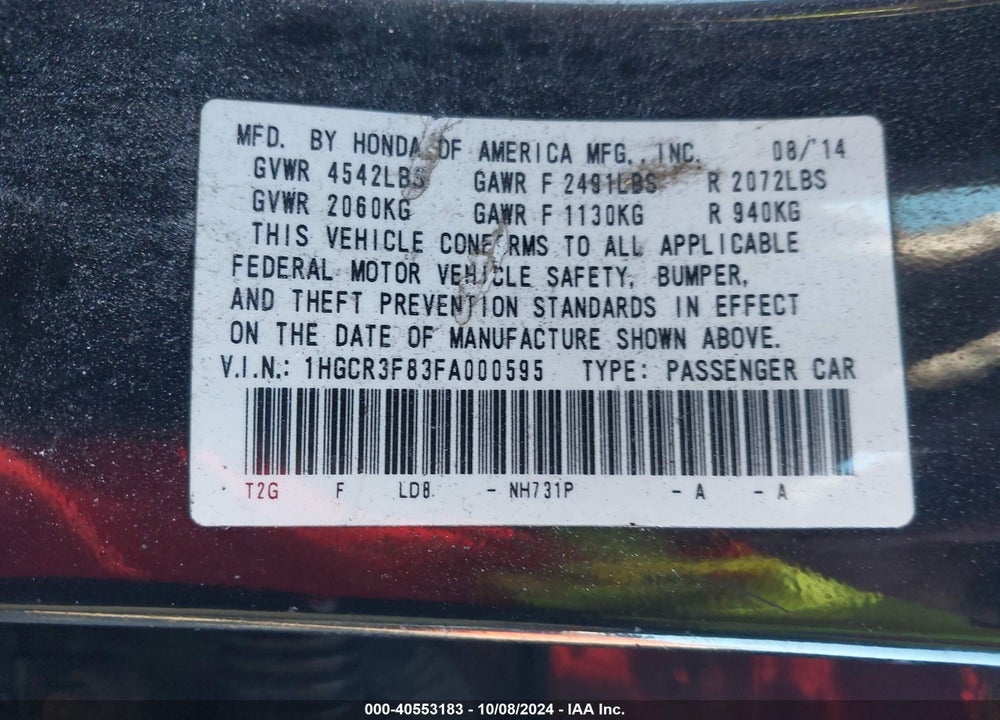 2015 HONDA ACCORD EX-L V-6 VIN: 1HGCR3F83FA000595