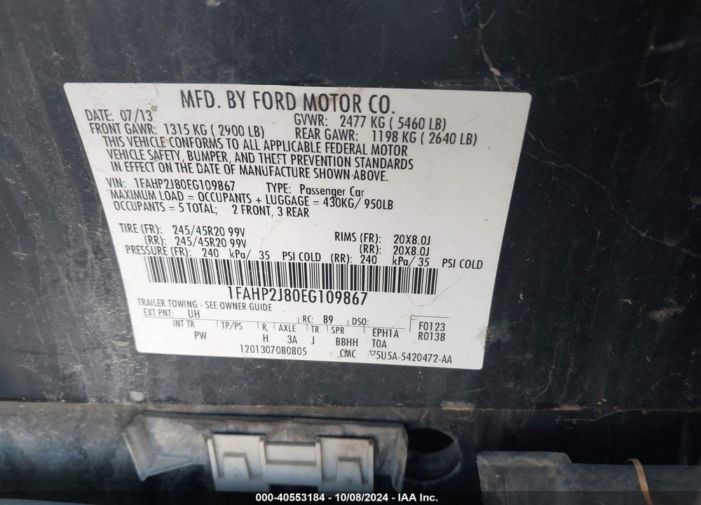 2014 FORD TAURUS LIMITED VIN: 1FAHP2J80EG109867