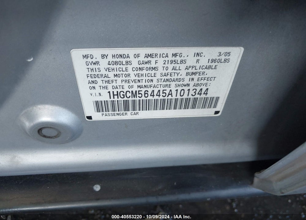 2005 HONDA ACCORD 2.4 LX VIN: 1HGCM56445A101344