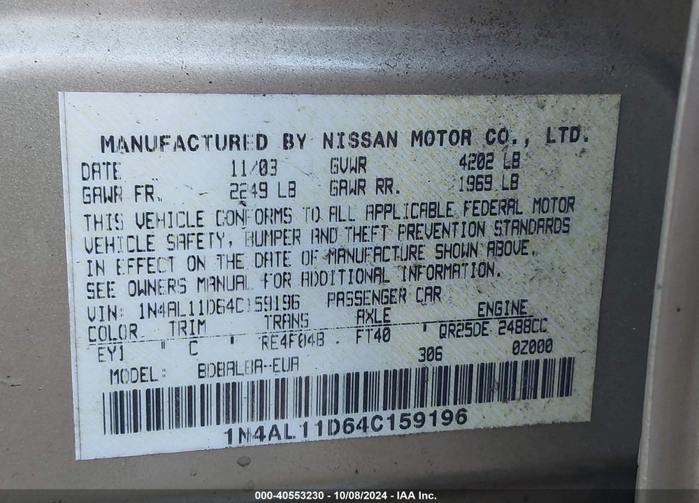 2004 NISSAN ALTIMA 2.5 S VIN: 1N4AL11D64C159196