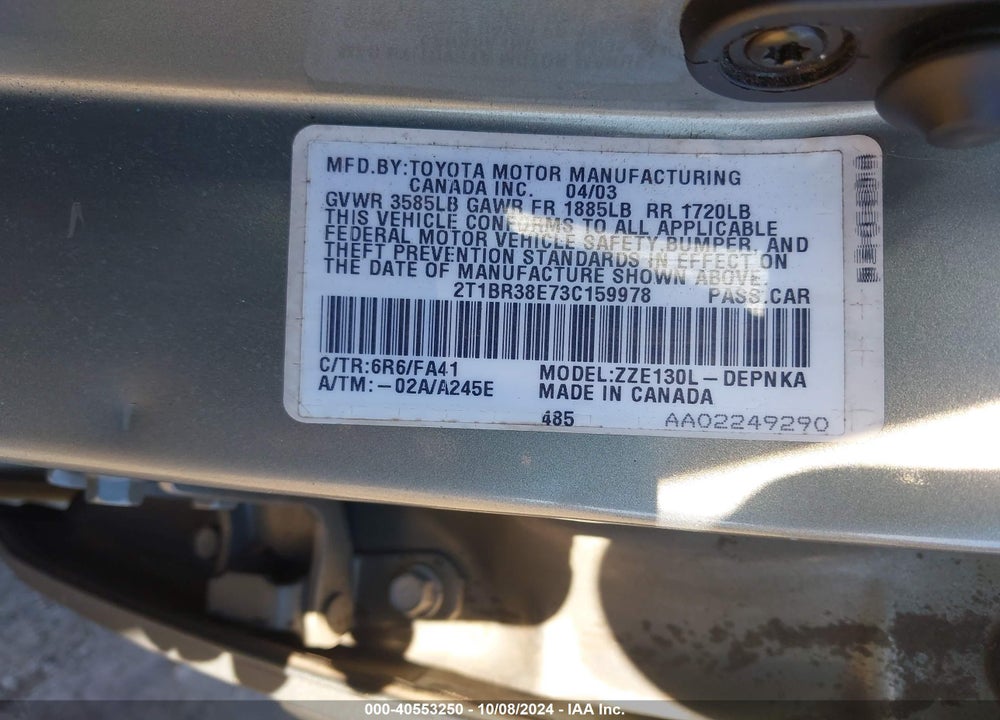2003 TOYOTA COROLLA LE VIN: 2T1BR38E73C159978