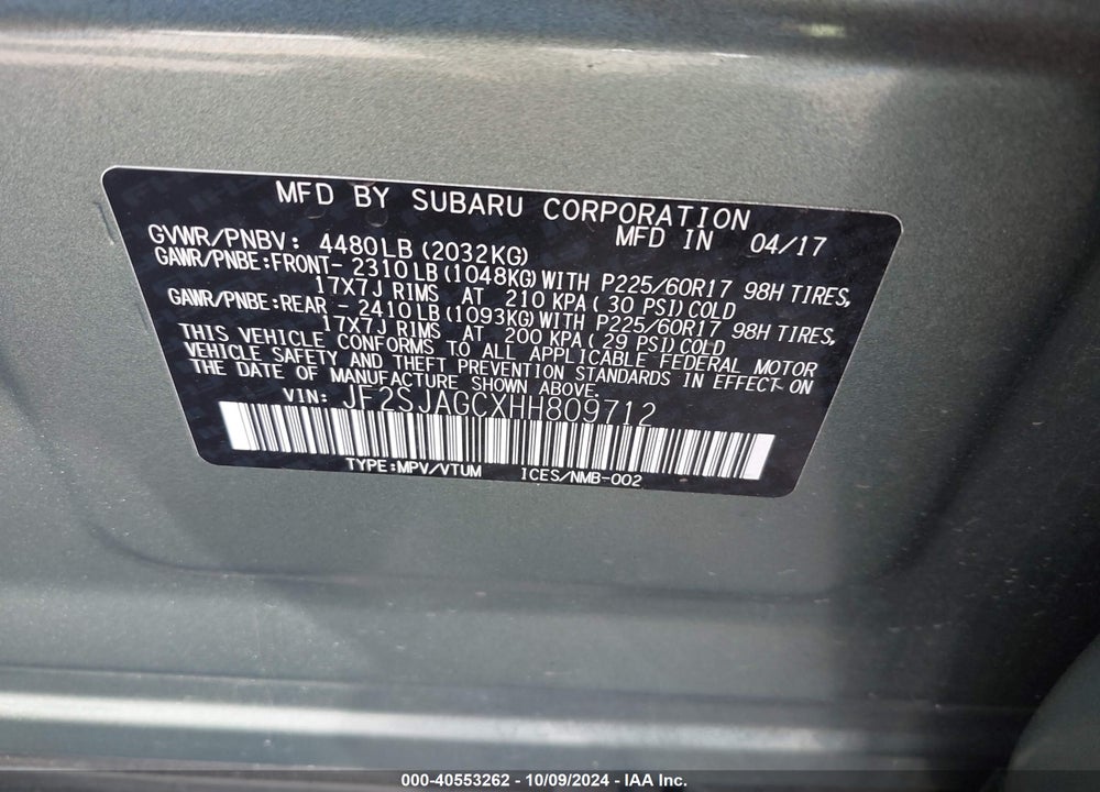 2017 SUBARU FORESTER 2.5I PREMIUM VIN: JF2SJAGCXHH809712