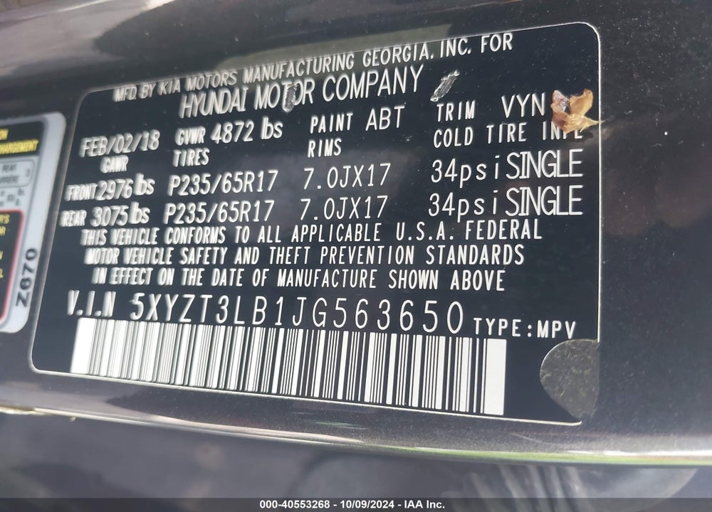 2018 HYUNDAI SANTA FE SPORT 2.4L VIN: 5XYZT3LB1JG563650