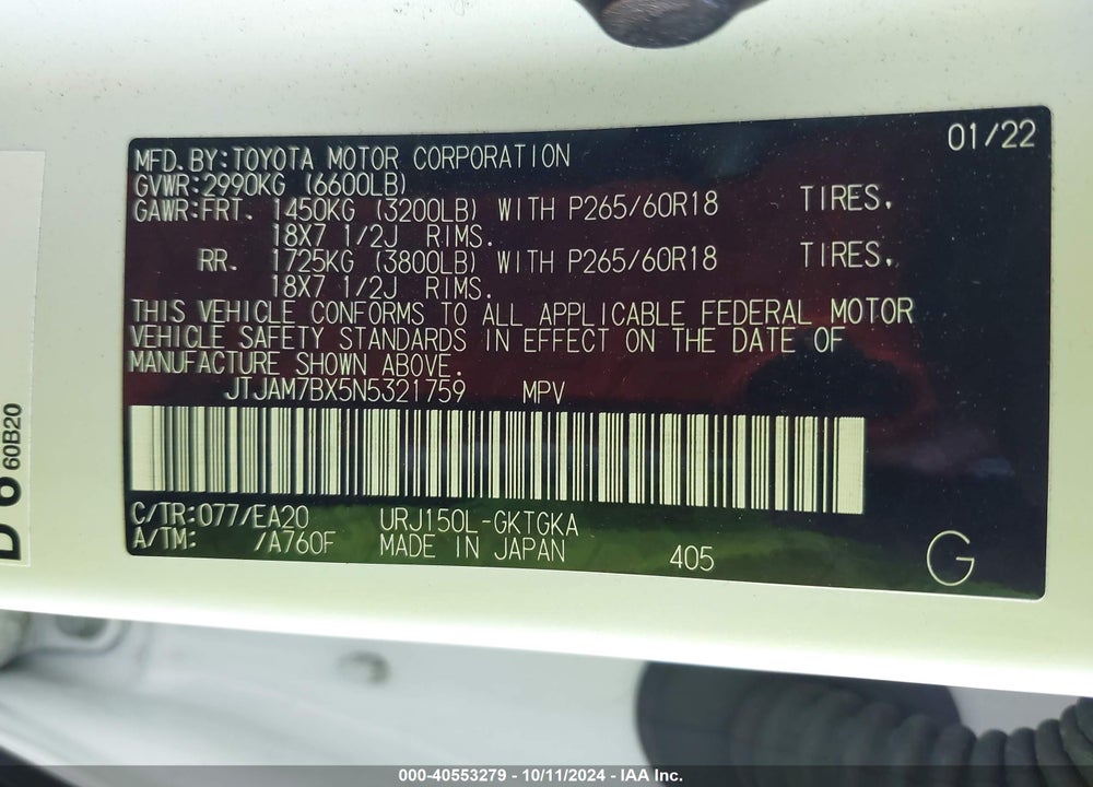 2022 LEXUS 460 PREMIUM VIN: JTJAM7BX5N5321759