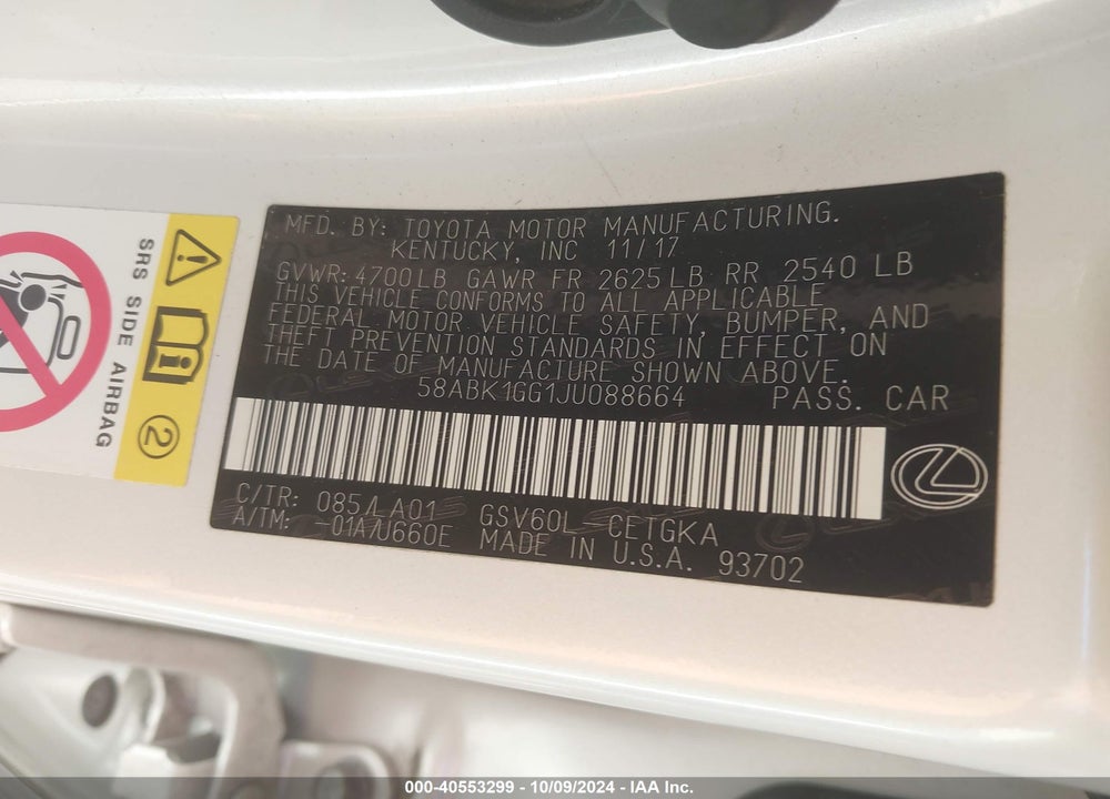 2018 LEXUS ES 350 VIN: 58ABK1GG1JU088664