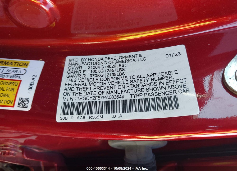 2023 HONDA ACCORD HYBRID TOURING VIN: 1HGCY2F87PA003644