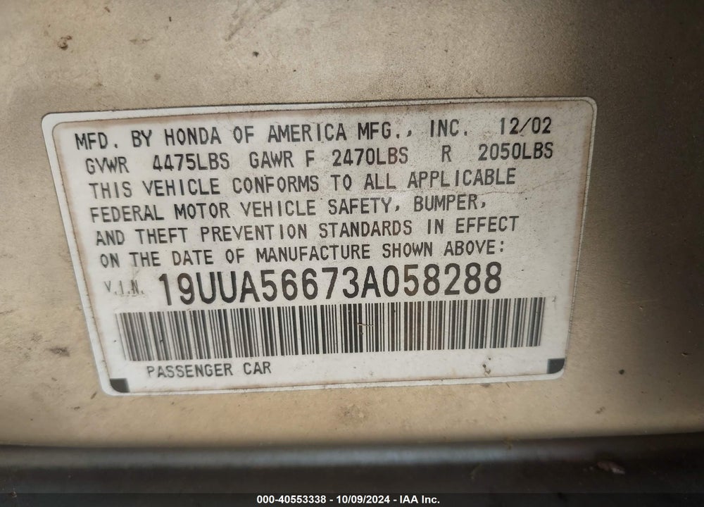 2003 ACURA TL 3.2 VIN: 19UUA56673A058288