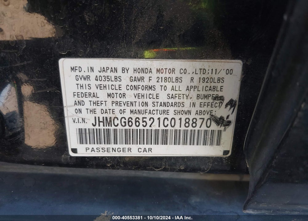 2001 HONDA ACCORD 2.3 LX VIN: JHMCG66521C018870