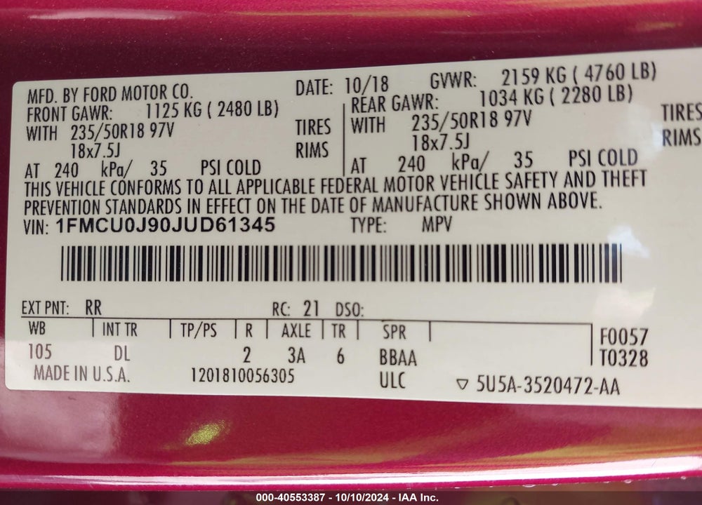 2018 FORD ESCAPE TITANIUM VIN: 1FMCU0J90JUD61345
